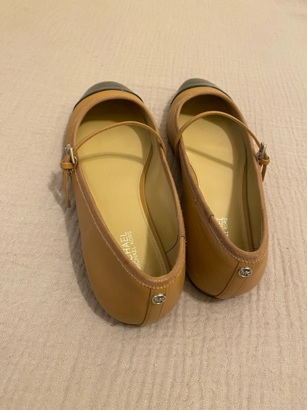 Michael Kors Tan and Black Patent Mary Jane Flats. Size 7.5